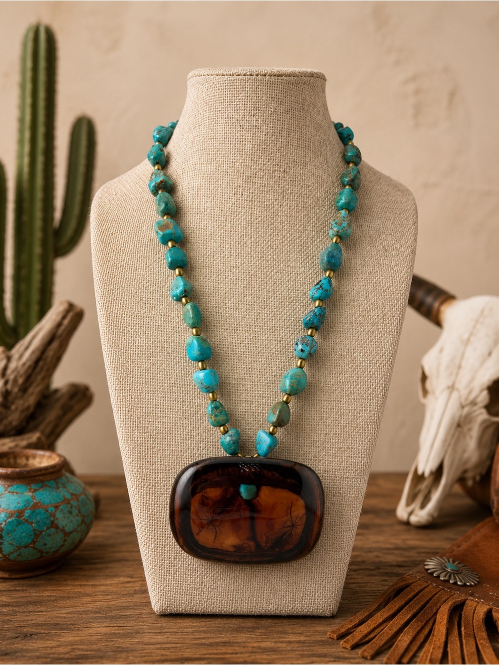 Authentic Turquoise and wooden inlay necklace